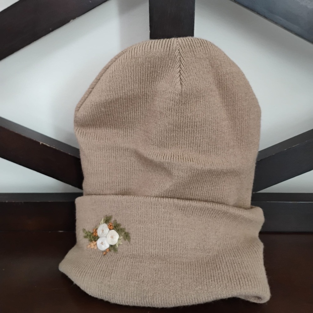 Hand Embroidered Womens Toque Tan Beanie with Floral Embroidery